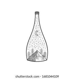 A minimalist mountain mono line logo design featuring a bottle and nature elements, ideal for beverage brands, hiking and camping gear, eco-friendly products, and outdoor adventure lifestyle branding
