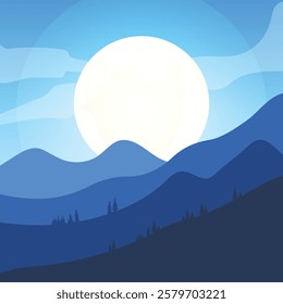 Minimalist mountain, Moon night, wallpaper dark blue, minimal abstract landscape background