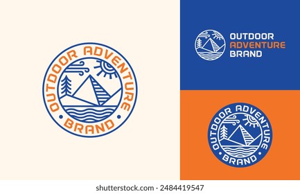 Minimalist Mountain with Natural Elements Logo Design Template for Outdoor Adventure Sport Hiking Camping Gear Apparel Brand Business in Simple Line Retro Stamp Style Logo Design.