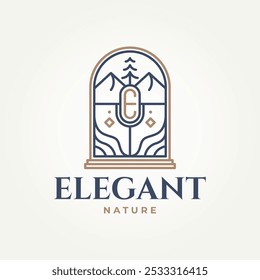 minimalist mountain nature abstract badge line art icon logo vector illustration design. simple modern bohemian travel nature emblem logo concept