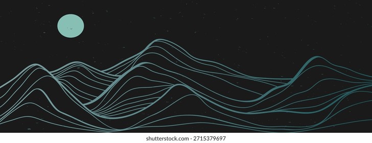 Montanhas minimalistas e ondas oceânicas com textura de arte de linha. Resumo paisagens de montanha fundos. montanhas de escala, onda oceânica e luar. use para impressões de arte de parede, cartaz Decoração de Arte, banner