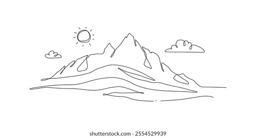 Minimalist Mountain in One Continuous Art Line. Trendy scenic mounts, wall art background. Black and white landscape design for fabric, prints, and wall art. Simple line drawing of one line mountain