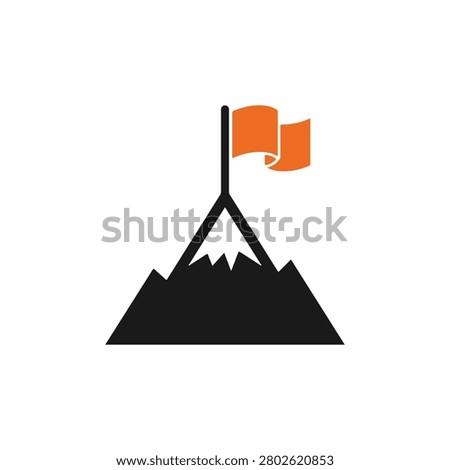 Minimalist mountain peak vector illustration with a bright orange success flag. Sharp silhouette vector graphic for goal achievement and milestone.