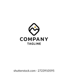 Logotipo minimalista de los picos de las montañas dentro de una forma redondeada del rombo con un sol