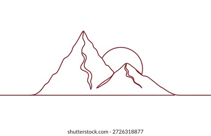 Vetor de picos de montanha minimalista com pôr do sol. Um desenho de linha de silhueta paisagem. Ilustração do conceito de viagem de aventura de natureza selvagem.