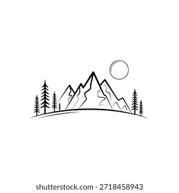 Cordillera minimalista y paisaje forestal con un diseño de sol circular
