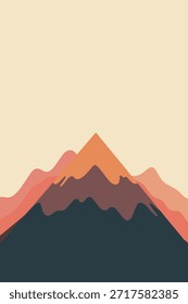 Minimalist mountain range illustration with layered peaks in warm, earthy tones against a light background.
