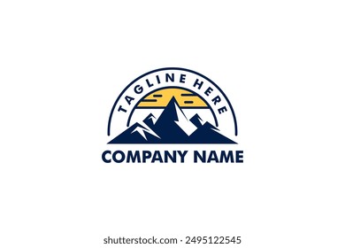 Minimalist mountain range logo with a rising sun. Perfect for outdoor, adventure, and nature brands seeking a symbolic and inspiring design