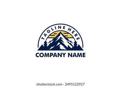 Logo minimalista de la cordillera con un sol naciente. Perfecto para marcas al aire libre, de aventura y de naturaleza que buscan un diseño simbólico e inspirador