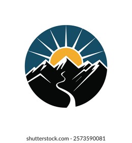 Minimalist mountain range logo with a rising sun. outdoor, adventure,  symbolic and inspiring design illustration vector