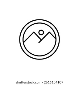 Minimalist mountain range with sun icon inside circular design emblem