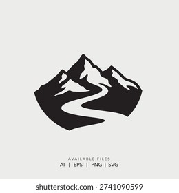 minimalist mountain river logo vector black and white, abstract mountain landscape logo with river path design