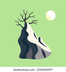 Minimalist Mountain Scene with Leafless Tree and Snow-Capped Peak