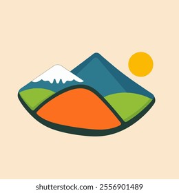 Minimalist Mountain Scene with Snow-Capped Peak and Yellow Sun