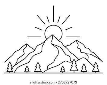 Escena de montaña minimalista con sol y pinos