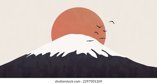 Minimalist mountain silhouette background. Abstract japanese nature panorama sunrise birds silhouettes. Vector landscape