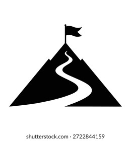 "Silhueta de Montanha Minimalista com Caminho de Enrolamento e Bandeira de Cúpula Simbolizando Realização"