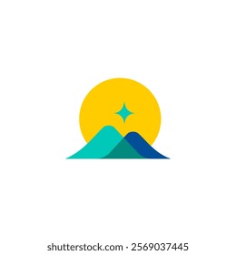minimalist mountain star sun HIGH PEAK logo. sunset mountain mascot icon Logo design