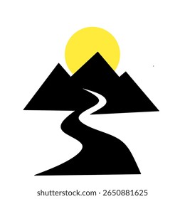 Minimalist mountain and sun silhouette, featuring simple dark peaks and yellow sun shapes, perfect for outdoor, travel, and nature branding.