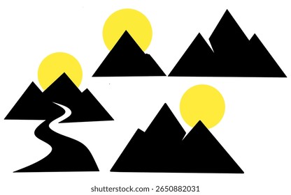 Minimalist mountain and sun silhouette logo set, featuring simple dark peaks and yellow sun shapes, perfect for outdoor, travel, and nature branding.