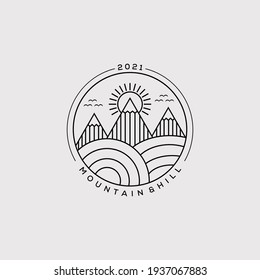 minimalist mountain, sunburst, and hill line art logo vector illustration design