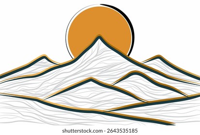 minimalist mountain and sunset line arts wallpaper, luxury landscape background design 