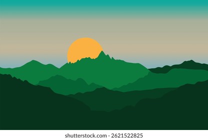Minimalist mountain sunset vector with green silhouettes and orange sun. Perfect for nature logos, travel branding, and peaceful designs. Clean landscape in teal and gray tones.