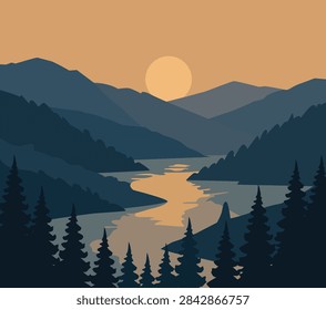 Minimalist Mountain Sunset Vector Landscape with River and Trees