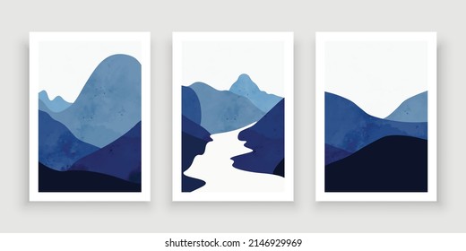 Minimalist Mountain Wall Art, Blue Landscape Print, River Landscape Art Print, Mountains Poster Minimalist Art, Printable Wall Art	