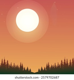 Minimalist mountain wallpaper dark green, moon night, pine forest wallpaper, minimal abstract landscape background