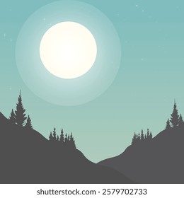 Minimalist mountain wallpaper dark green, moon night, pine forest wallpaper, minimal abstract landscape background