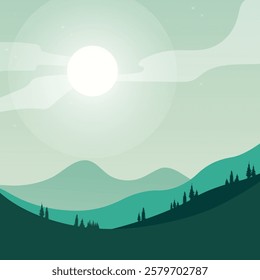 Minimalist mountain wallpaper dark green, sunset, pine forest wallpaper, minimal abstract landscape background