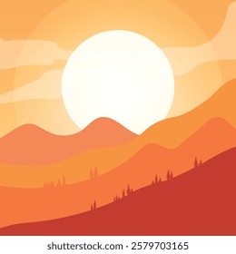 Minimalist mountain wallpaper dark orange, Sun behind mountains, wallpaper, minimal abstract landscape background