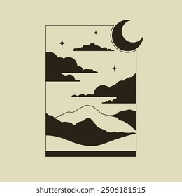 Minimalist mountains mountains in the night. Aesthetic desert silhouette 2d vector artwork.