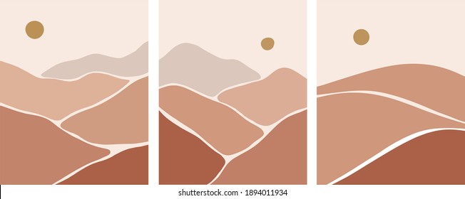 minimalist mountains sunset landscape boho illustration warm color palette earthy tones vector set 
