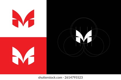 Minimalist M-shaped logo design featuring a symmetrical abstract form resembling butterfly wings or leaves. The logo is showcased in red and white variations with a grid.