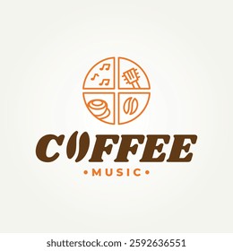 minimalist music and coffee acoustic line art icon badge logo vector illustration design. simple modern retro music cafe logo concept