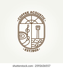 minimalist music and coffee acoustic line art icon badge logo vector illustration design