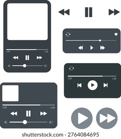 Minimalist music player interface elements and media control icons set.