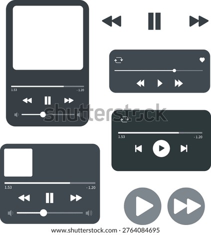 Minimalist music player interface elements and media control icons set.