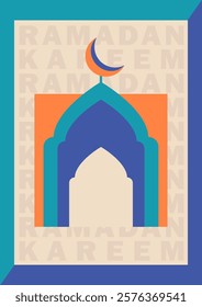 Minimalist Muslim greeting card with a mosque arch in vibrant orange, teal and blue tones with a crescent moon on beige background with Ramadan Kareem text. Eid Mubarak trendy geometric Islamic poster