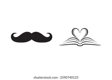 Minimalist Mustache and Open Book with Heart Symbol Vector.