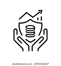 Minimalist Mutual Funds Icon in Stroke Style – Coins, Shield, Hands, Rupee, Dollar, Growth Arrow for Financial Security and Investment Returns
