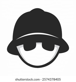 Minimalist and mysterious cartoon face wearing a bucket hat and sunglasses in a bold black-and-white vector style. Perfect for logos, icons, branding, stickers, and streetwear designs