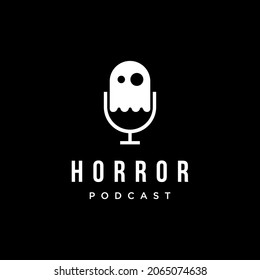 Minimalist Mystery podcast, Horror podcast logo icon vector with ghost microphone flying idea