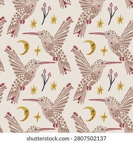 Minimalist mystical hummingbird vector with botanical elements, ornate crescent moon and wild flowers illustration, celestial bird line art, spiritual folk graphic design seamless pattern