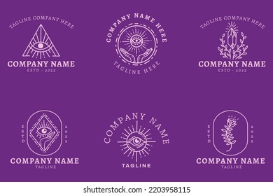 Minimalist Mystical Simple Logo Symbol Collection Template Dark Purple Background.