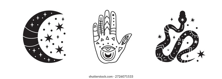 Minimalist mystical vector set with crescent moon and stars, palmistry hand with eye, and magic snake. Boho occult symbols in black, perfect for tattoos, prints, logos, posters, esoteric design.