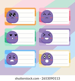 Minimalist name tag set with cute purple emoji characters in 6 moods. Perfect for planners, school labels, or printables for kids and teens.