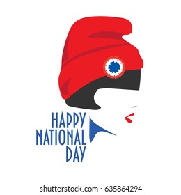 Minimalist National Day greeting card vector design: a girl with red hat and tricolor cockade on. Red hat is the Liberty cap, also known as the Phrygian cap, or pileus. 